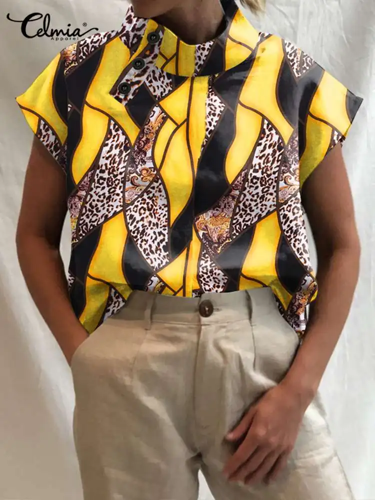 

Celmia Short Sleeve Patchwork SHirts High Collar Casual Loose Streetwear 2022 Fashion Tops Leopard Print Summer Women Blouse