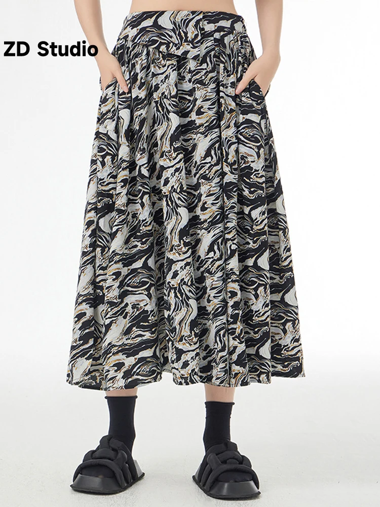 

[ZD Studio] High Elastic Waist Black Pattern Printed Irregular Midi Half-body Skirt Women Tide New Spring Autumn 2023
