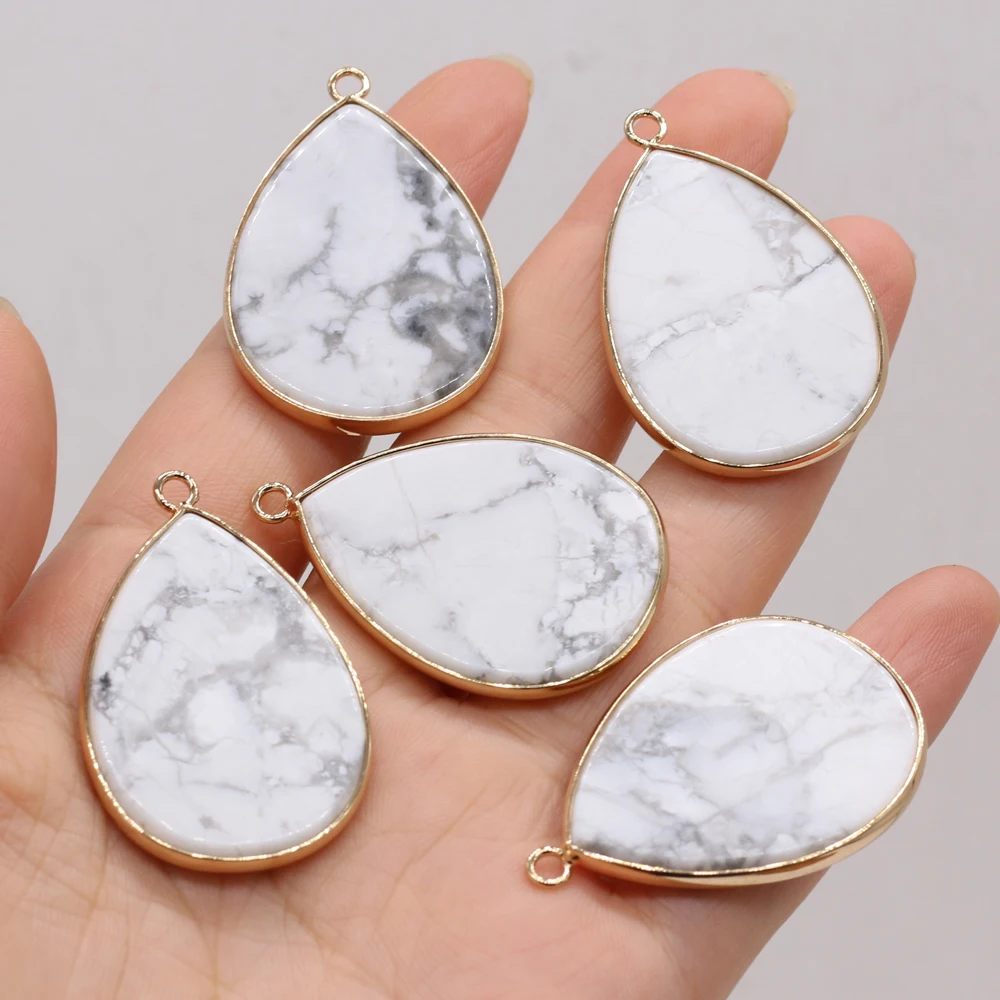 

Natural Stone White Turquoise Water Drop Gilt Edge Pendant Craft Jewelry MakingDIY Necklace Earring Accessorie Gift Party26x40mm