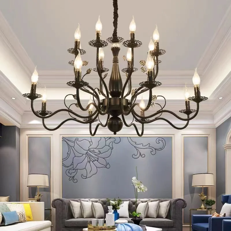 

E14 American Wrought Iron Candle Chandelier Black/Gold Living Room Dining Kitchen Loft European Retro Chandelier LED Chandelier