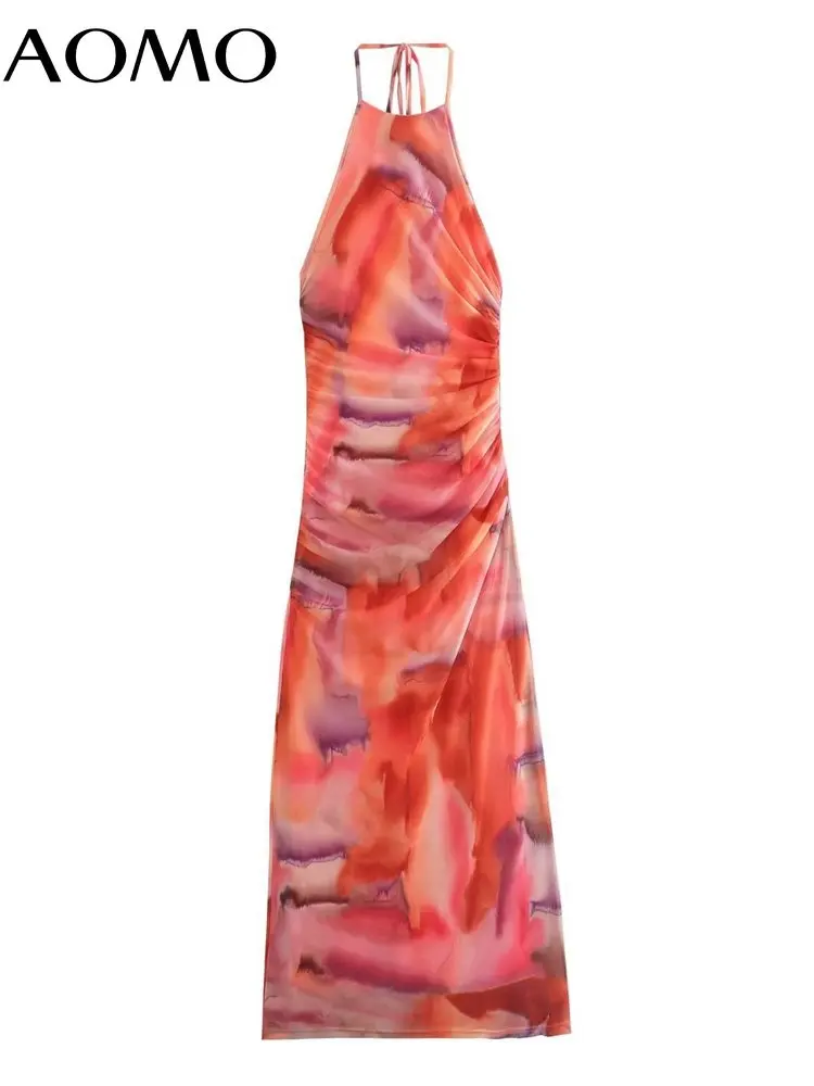 

AOMO 2023 Summer Women Flower Print Halter Mesh Dress Sexy Ladies Midi Dress PS31A