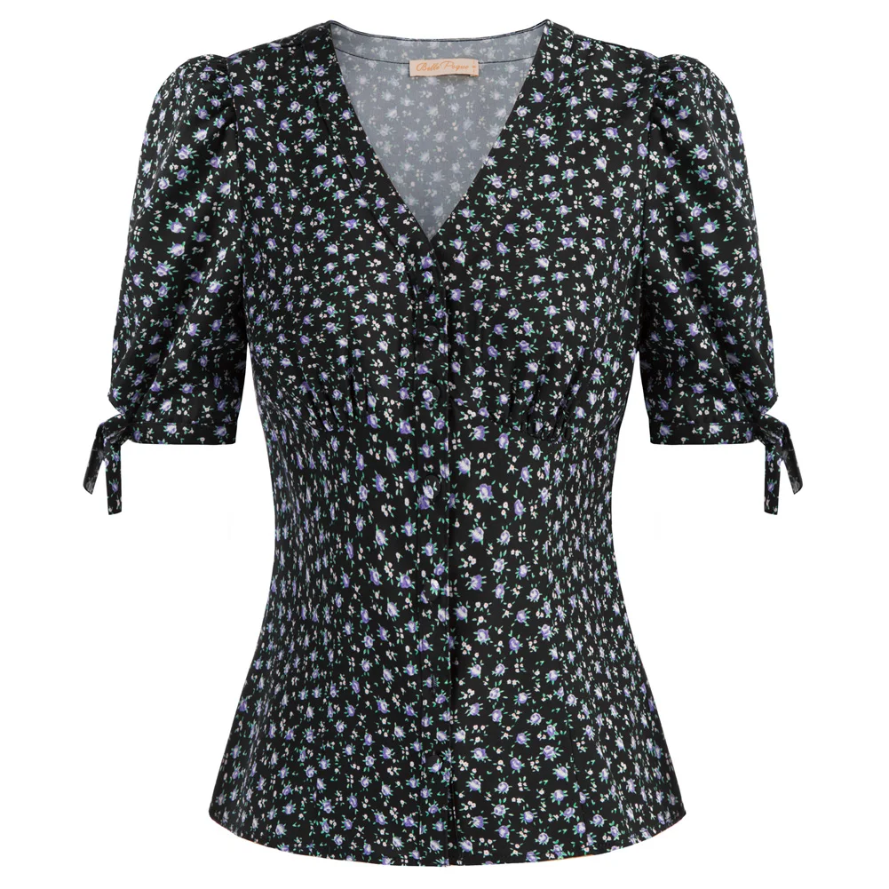 

BP Women's Blouse Cherries Pattern Shirt 2022 New Summer Tops Short Puff Sleeves V-Neck Button Placket Chemise Femme