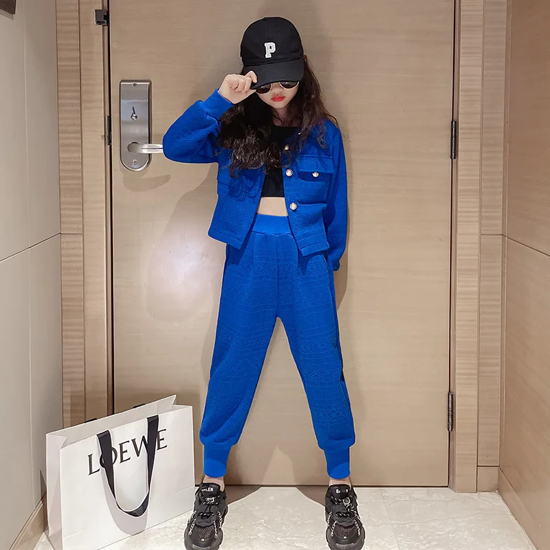 

Женские синие костюмы 10-12 лет, модное элегантное пальто и брюки, комплект из двух предметов