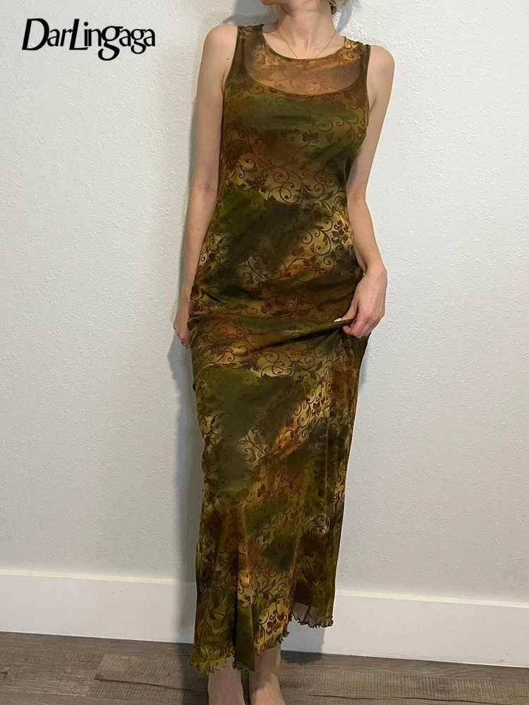 

Darlingaga Y2K Vintage Grunge Fairycore Mesh Maxi Dress Holidays 90s Aesthetic Floral Print Summer Women's Dress Two Layer Chic