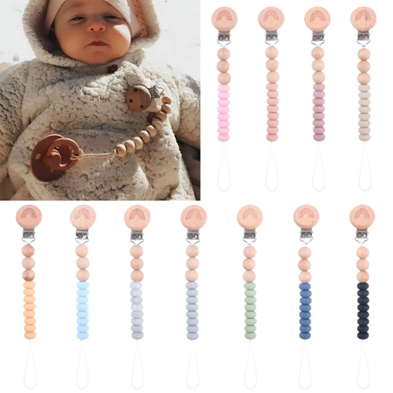 

Baby Pacifier Clip Holder Colorful Flat Silicone Beads Wooden Teething Chain