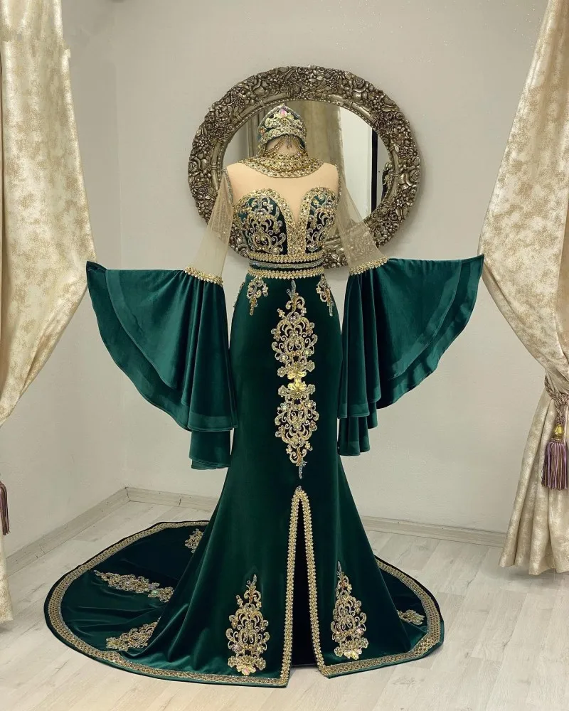 

Emerald Hunter Green Mermaid Arabic Caftan Prom Dresses with Fairy Long Sleeve Gold Applique Moroccan Evening Occasion Gown