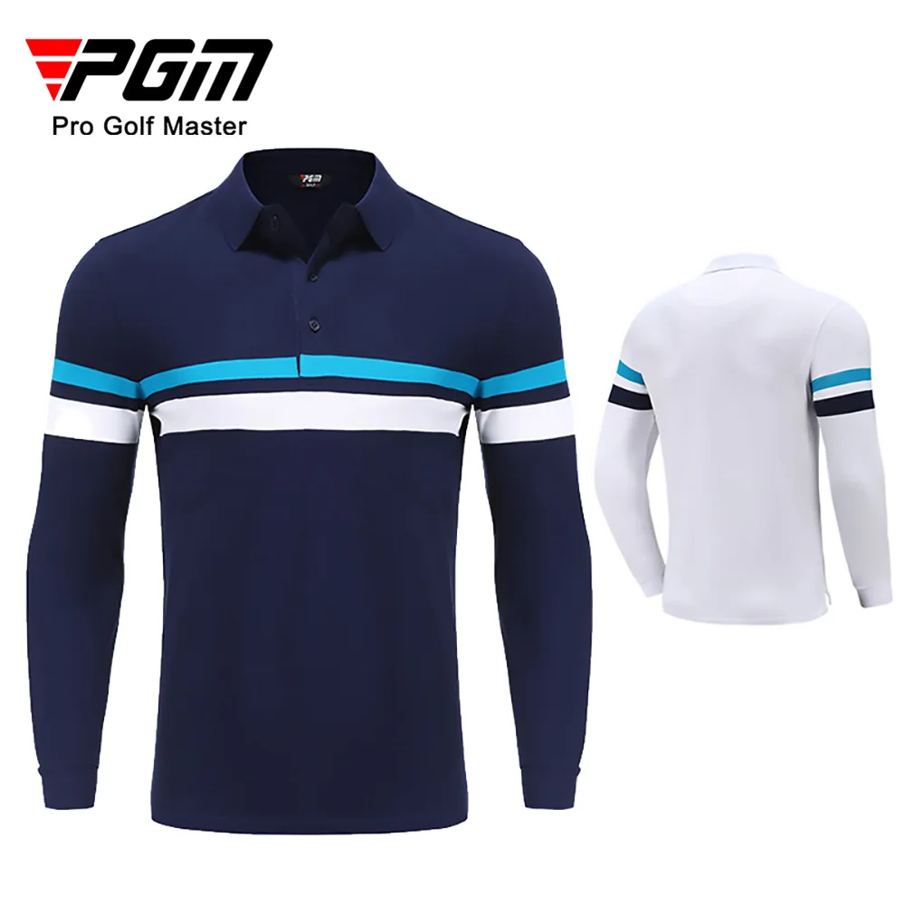 PGM Men's Autumn Cotton Golf Striped T-Shirt Winter Long Sleeve Man Button Up Golf Shirt Apparel Warm Comfortable Sport Wear