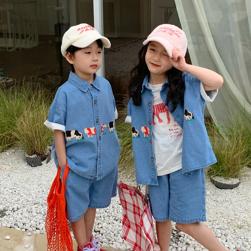 

2022 Summer New Kids Clothes Boys Print Cow Short Sleeve Shorts Girls Casual Denim Set