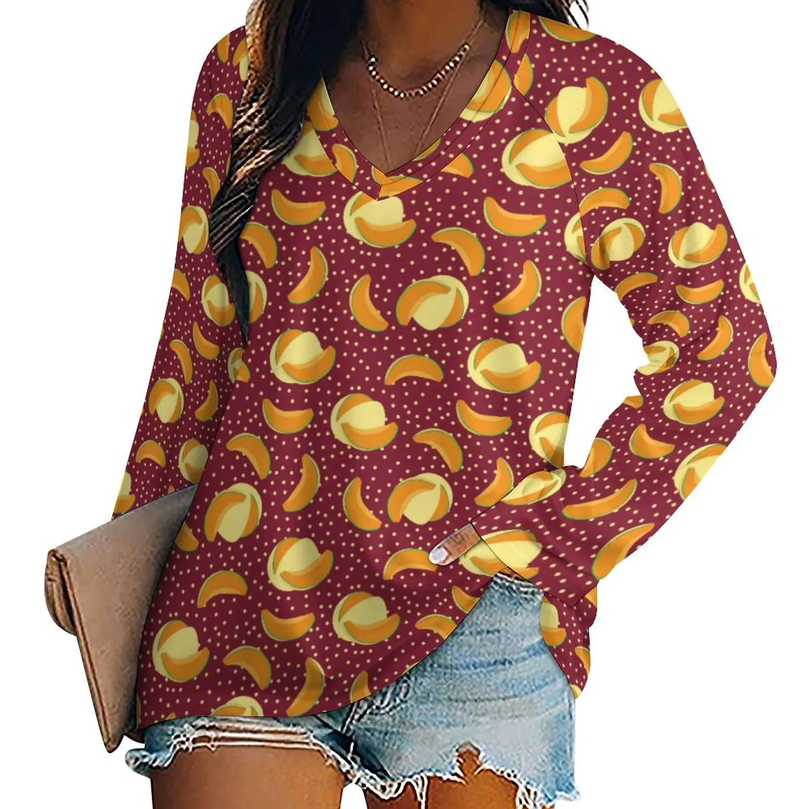 

Футболка женская в горошек, с длинным рукавом и V-образным вырезом