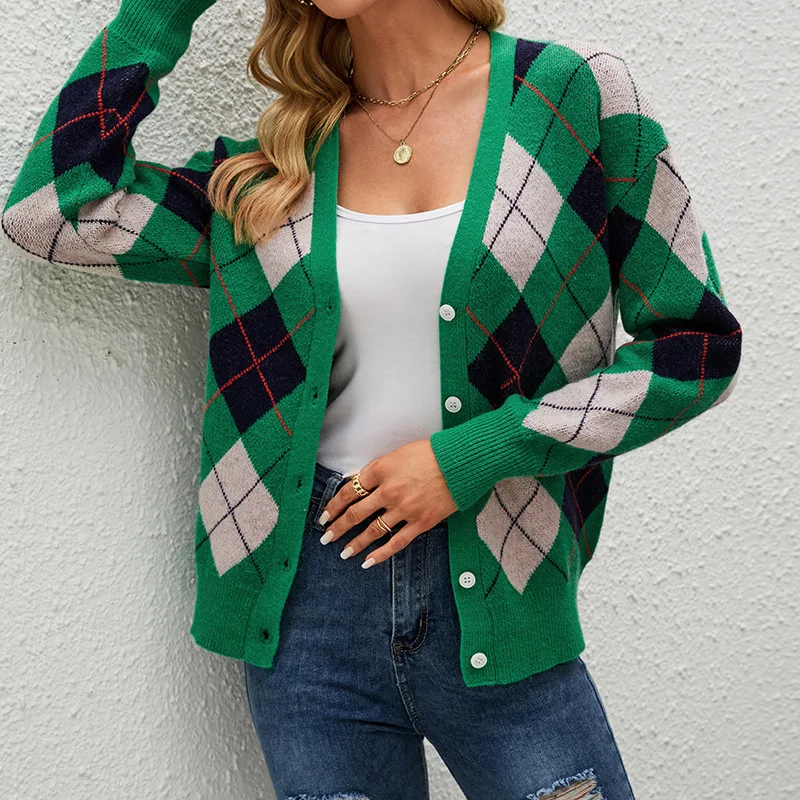 

Sweater Cardigan Crochet Kintted Coats Loose Female Fashion Jumper Causal Outerwear Jackets Rhombic Lattice Women Spring Autumn