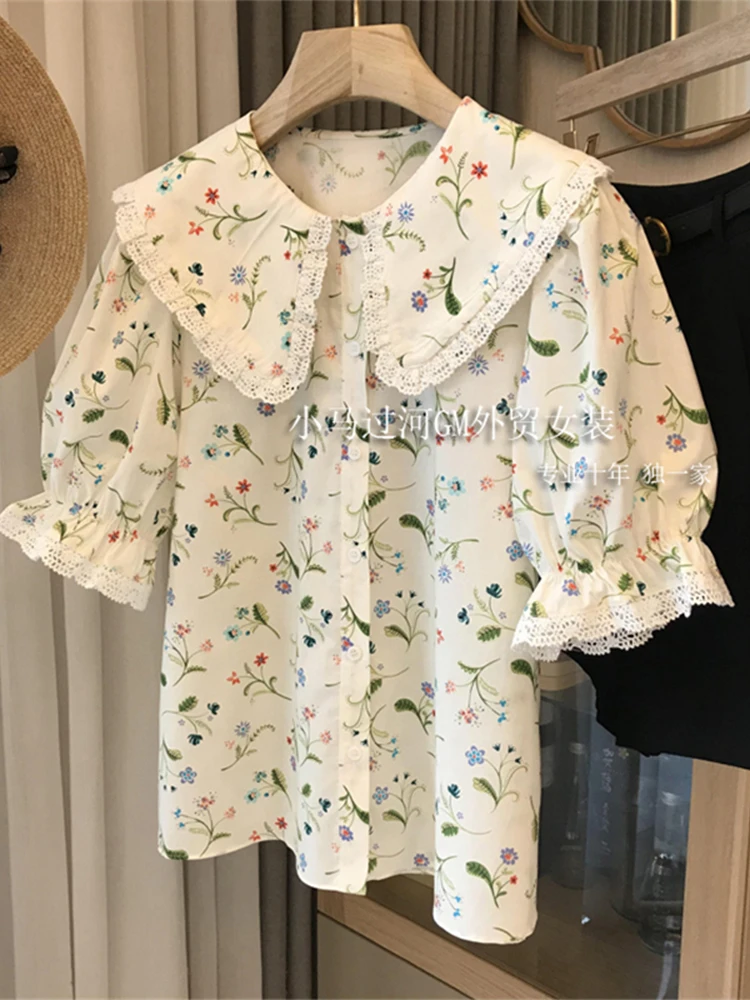 

Women Sweet Blouse Short Sleeve Beach Party White Shirts Puff Sleeve Aesthetic Floral Print Peter Pan Collar Crop Tops Summer