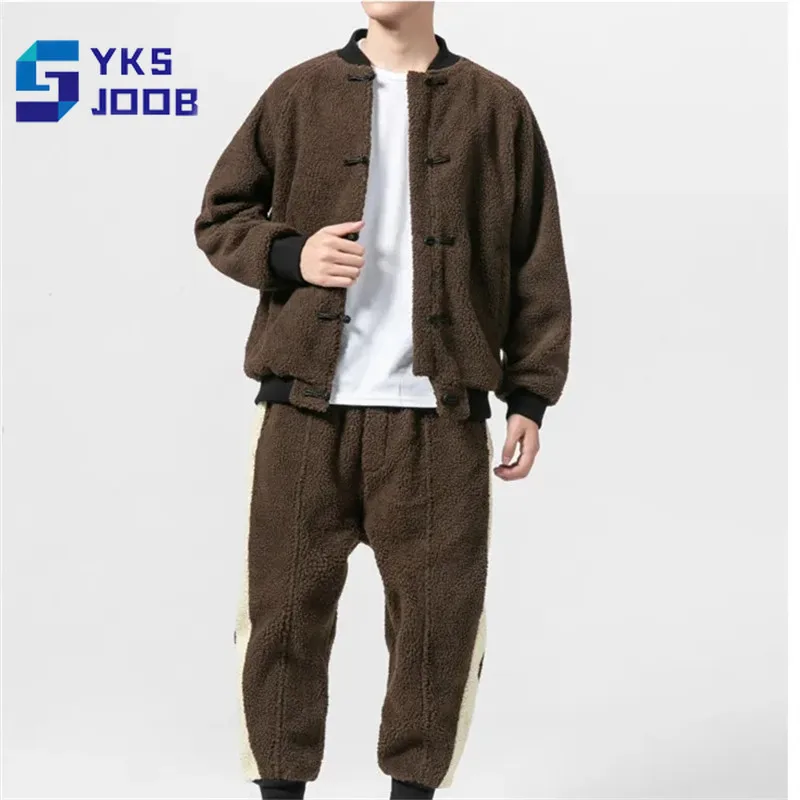 

Винтажный комплект из 2 предметов из овечьей шерсти, Мужская свободная плотная теплая бейсбольная форма в китайском стиле, повседневный костюм большого размера с пальто и брюками, новинка зимы