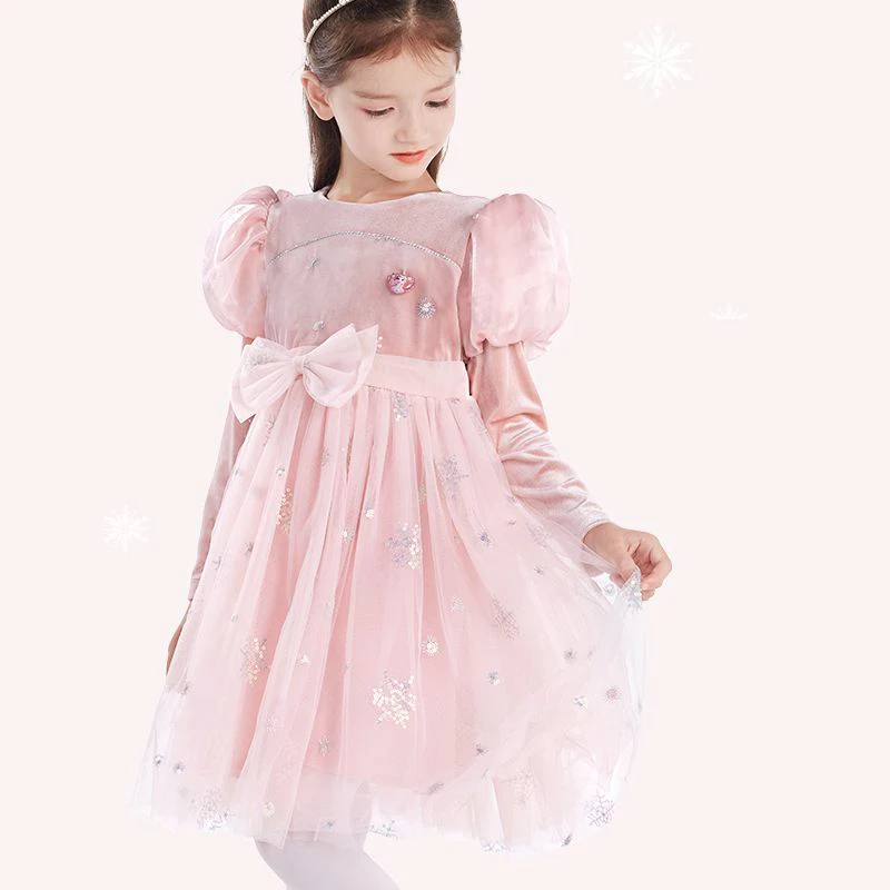 Disney Children's Dress Aisha Princess Pattern Bow Decoration Bubble Sleeve Knee-Length Princess Dress Birthday Party Dress