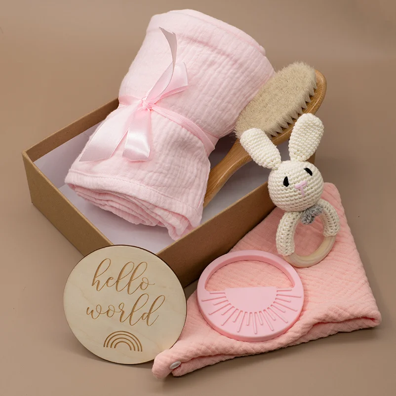 

Baby Bath Toy Set Double Sided Cotton Blanket Wooden Rattle Bracelet Crochet Toys Baby Birth Gift Products For Kids