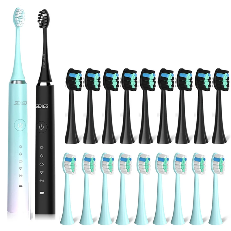 

SEAGO S2 Sonic Electric Toothbrush USB Rechargeable Teeth Whitening Brush 5 Brushing Modes With 10pcs Replacement Brush Heads