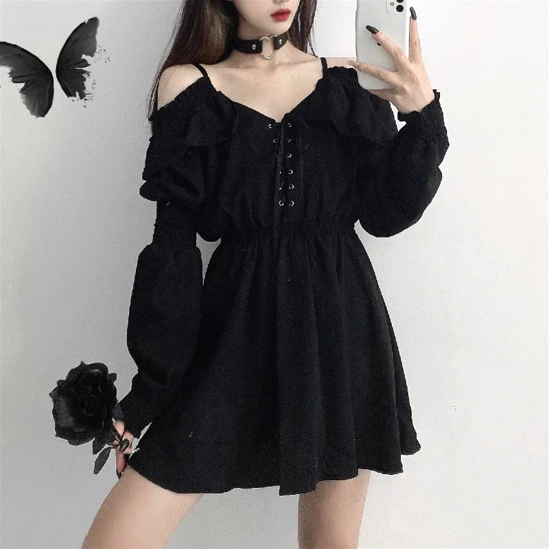 

Gothic Black Dress Women Casual Button Lace Evening Party Sexy Mini Dress Female Long Sleeve One-piece Dress Korean 2020 Autumn