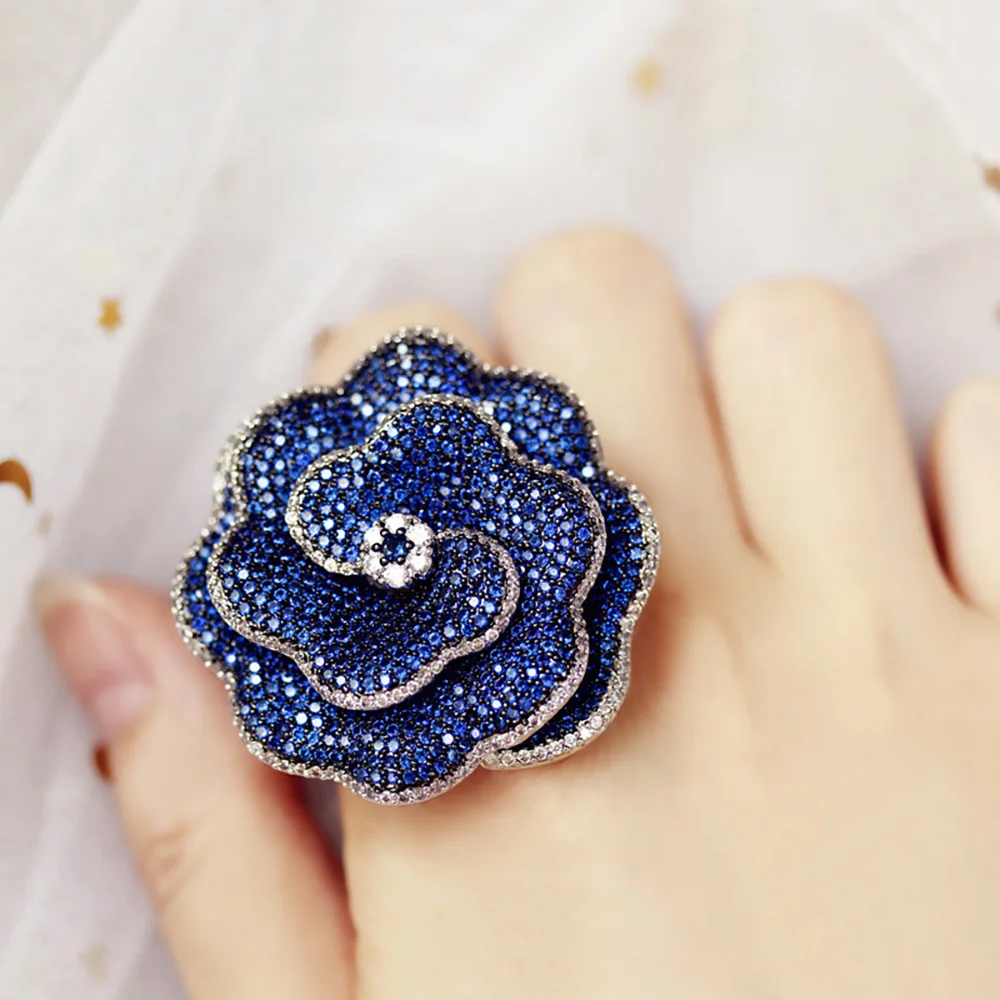 

Fashion Personality Zircon Flower Ladies Ring Opening Adjustable Size Sapphire Three-Dimensional Exaggerated Ring Female Party