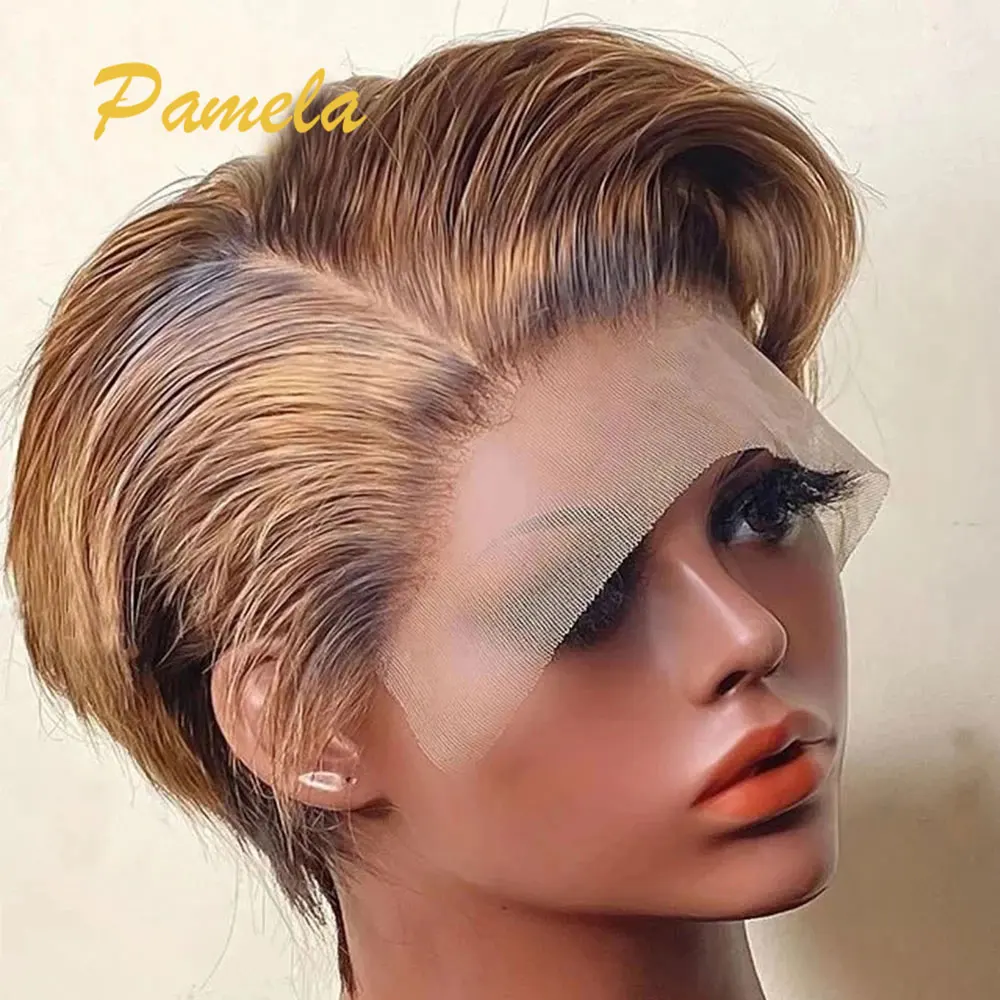

Ombre Pixie Cut Human Hair Wig Pre Plucked With Baby Hair Highlight 13x4 Short Bob Honey Blonde HD Lace Front Human Hair Wigs