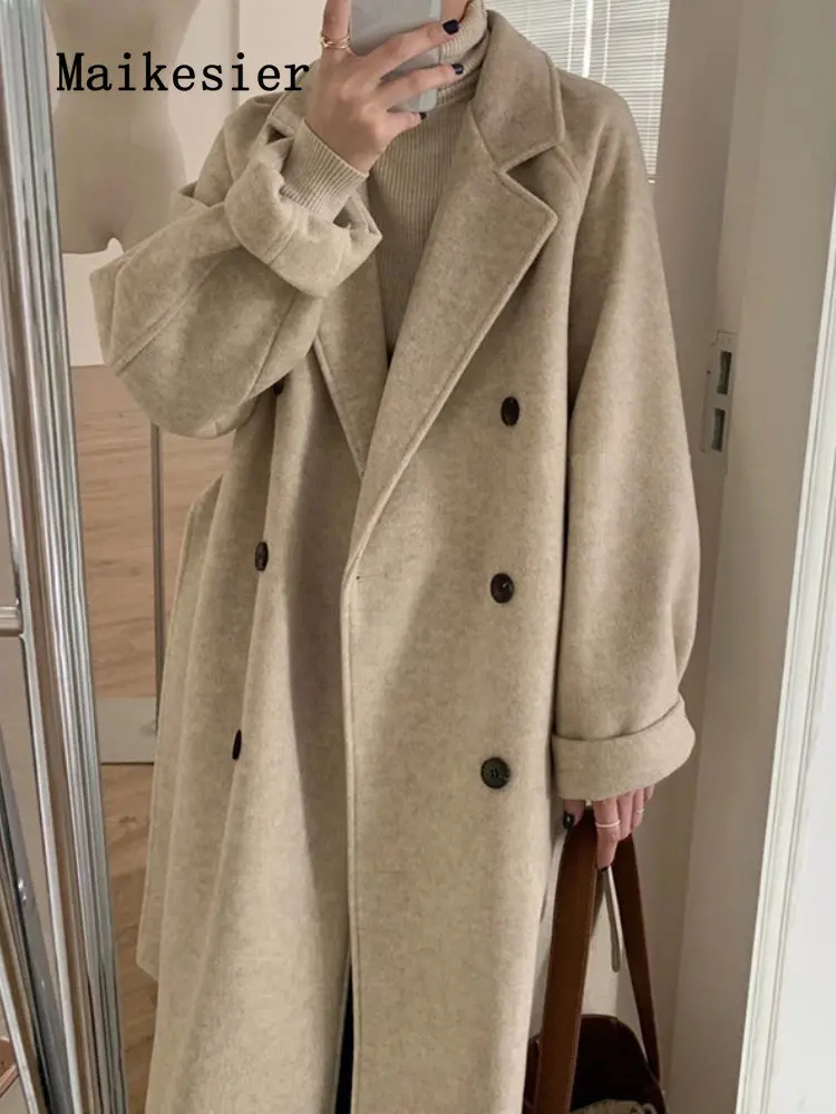 

Женское двурядное шерстяное пальто, элегантное Свободное пальто на пуговицах с отложным воротником, длинное пальто, верхняя одежда для женщин на весну
