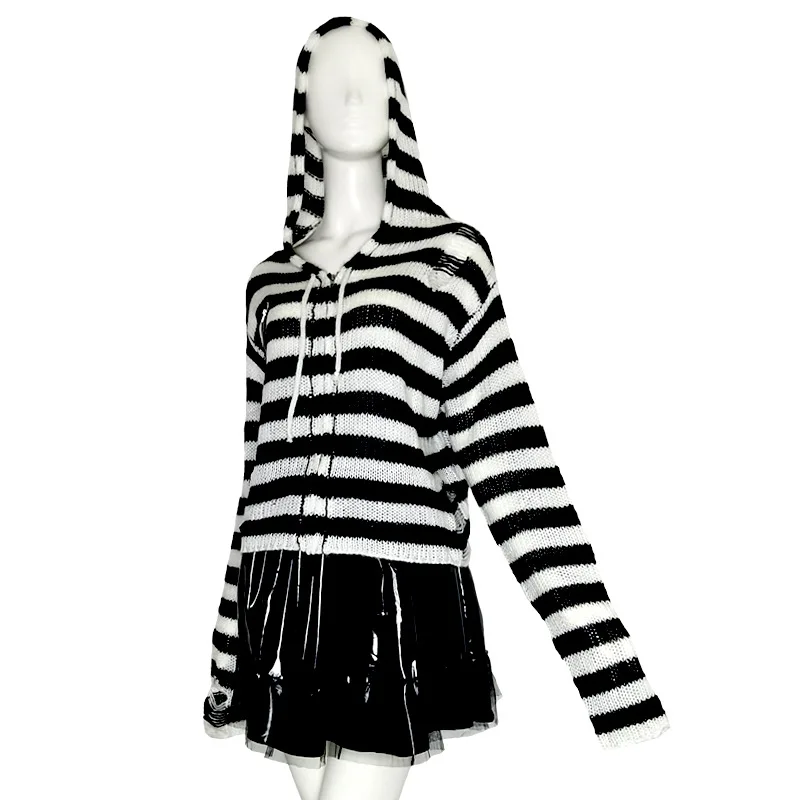 

Gothic frayed striped print knitted cardigan Women zip long sleeve hooded streetwear punk sweater coat 2022 Jumpers Mujer Jersey