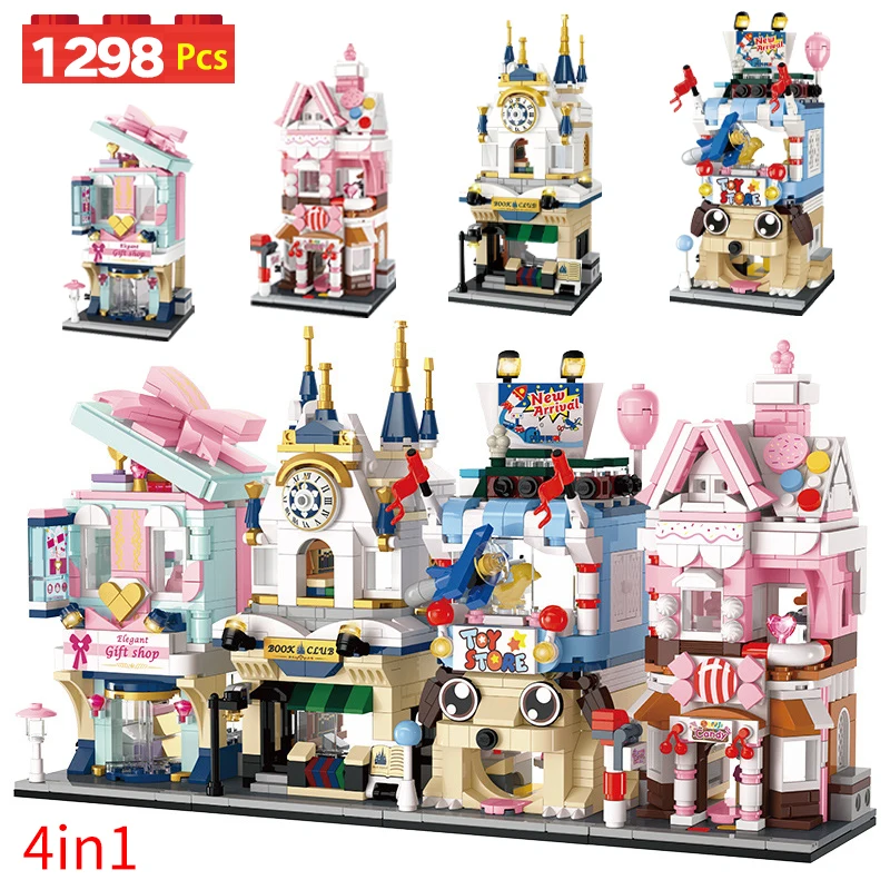 

1298pcs 4 in 1 City Library House Architecture Building Blocks Friends Street View House Candy Castle Bricks Toys for Kids Gifts