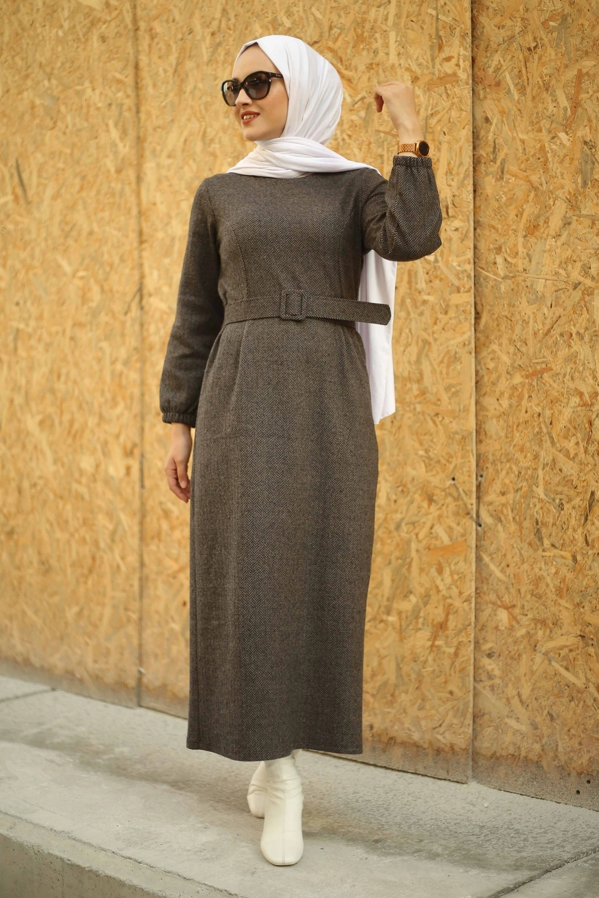Платье-карандаш с рисунком «гусиные лапки» MDI-норковый зимний осенний сезон 2021, искусственный головной платок, исламский Турция