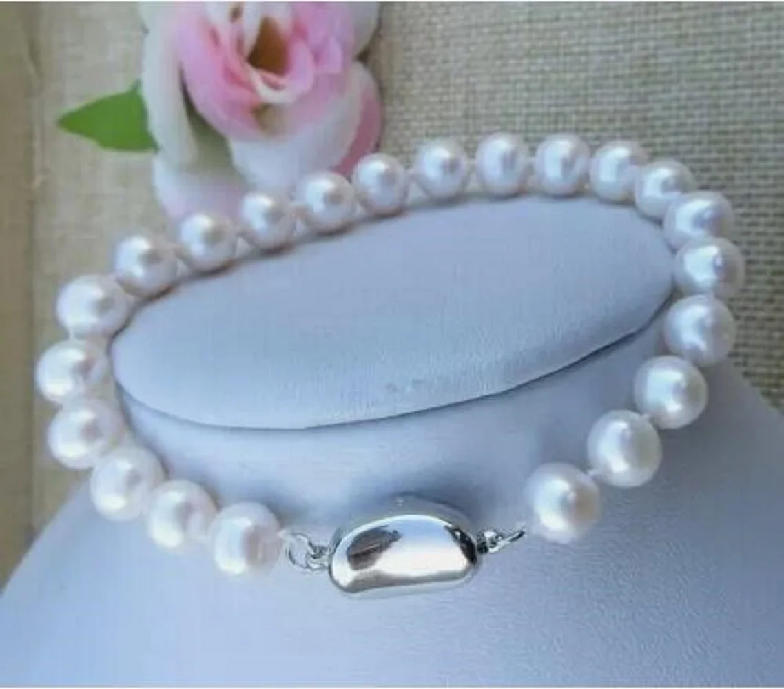Элегантный AAAA 9-10 мм натуральный Akoya круглый белый жемчужный браслет 7 5-8 дюймов 925S