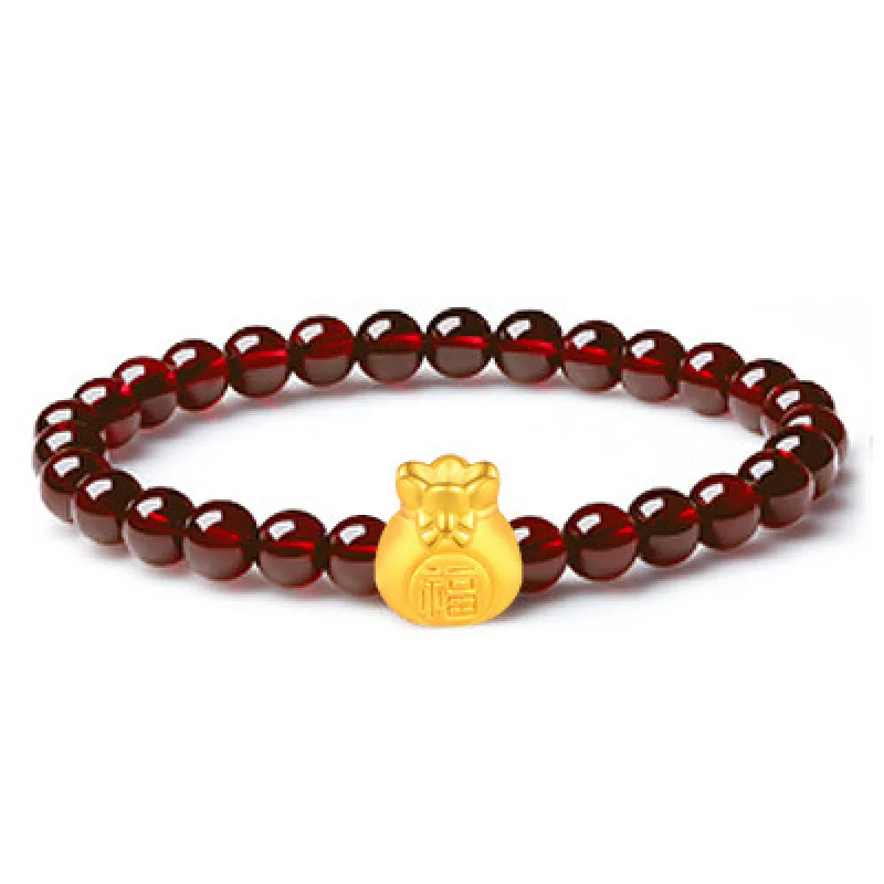 Gold 3D Bag Women's Natural Garnet String Golden Balls Agate Lucky Beads Bracelet Gifts Girlfriend Hands