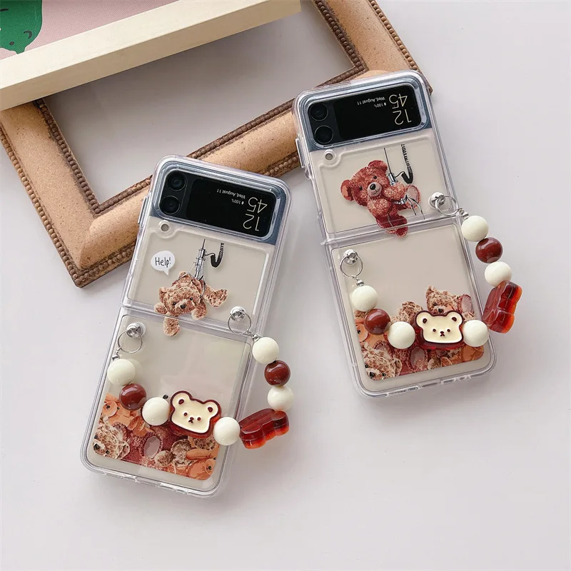 

Vintage Style Teddy Bear Pendant Phone Case for Samsung Galaxy Z Flip 4 3 Hard Cover for ZFlip3 Zflip4 Solid Shell Bracket