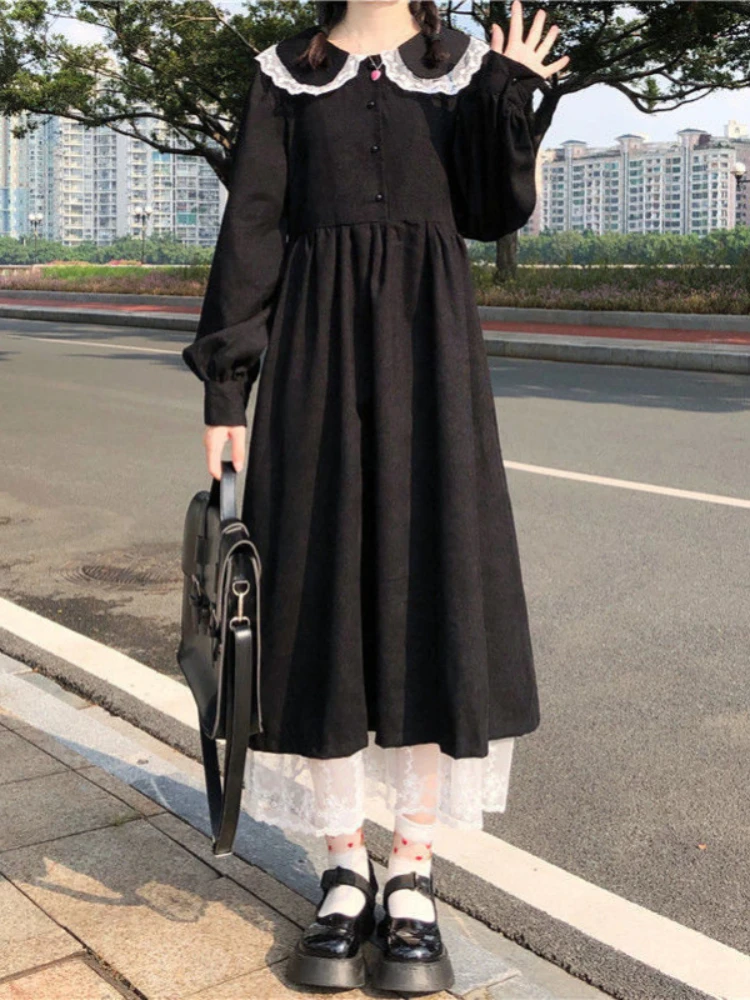 

Весенне-осенние платья, женское кружевное лоскутное однотонное платье с круглым воротником и длинным рукавом, повседневное свободное мило...