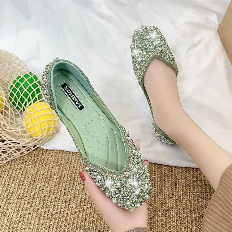 Glitter Crystal Pearl Pink Flats Ballet Shoes Women Moccasins Square Toe Slip on Summer Loafers Shallow Ballerina Flats Female