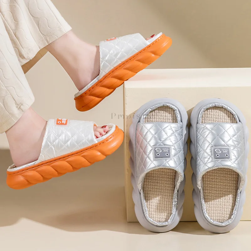 Down Cloth Upper Women's House Slippers Casual Open Toe Indoor Slippers Female EVA Non-Slip Thick Sole Shoes for Woman Slippers