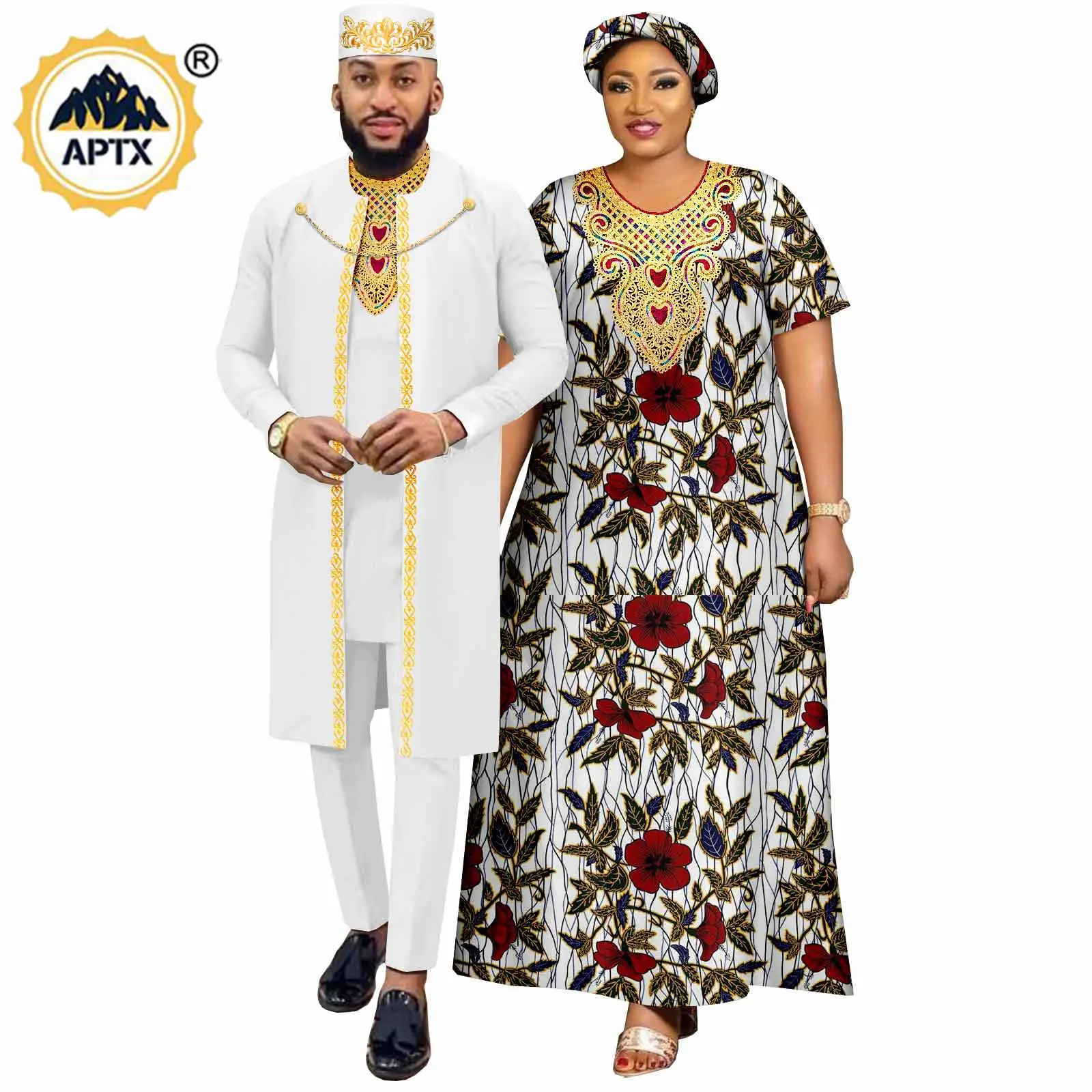 African Couple Matching Clothes for Wedding Abaya Turkey Women Print Dresses with Headwrap Bazin Dashiki Men Outfits Y22C079
