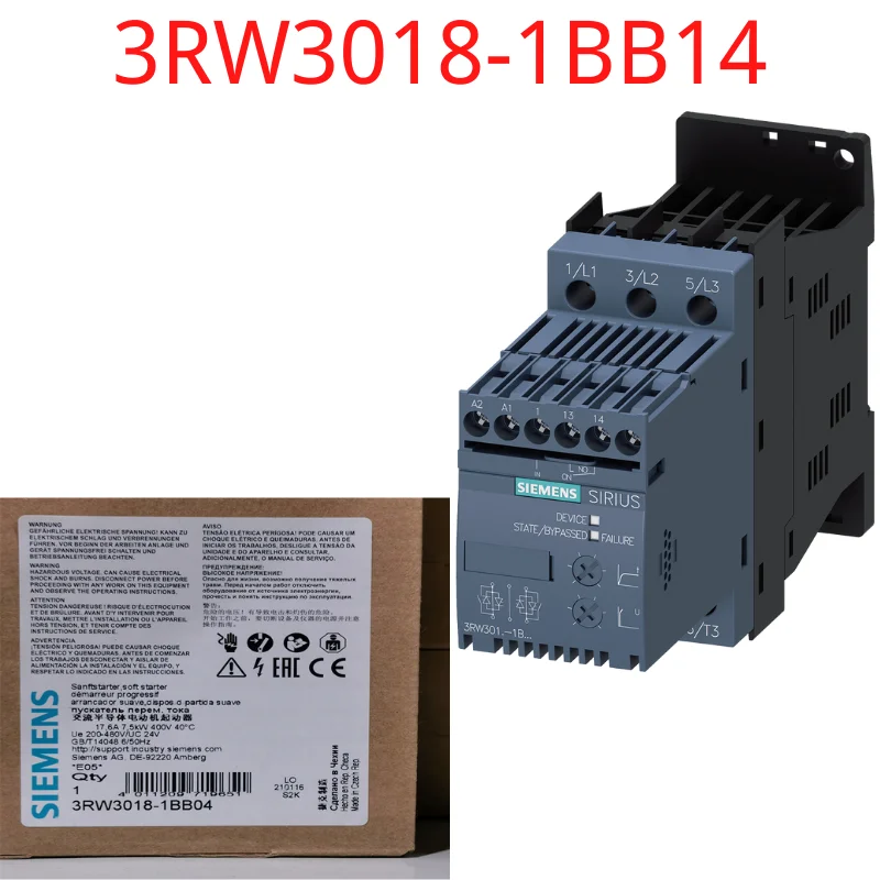 

3RW3018-1BB14 Brand New SIRIUS soft starter S00 17.6 A, 7.5 kW/400 V, 40 °C 200-480 V AC, 110-230 V AC/DC Screw terminals