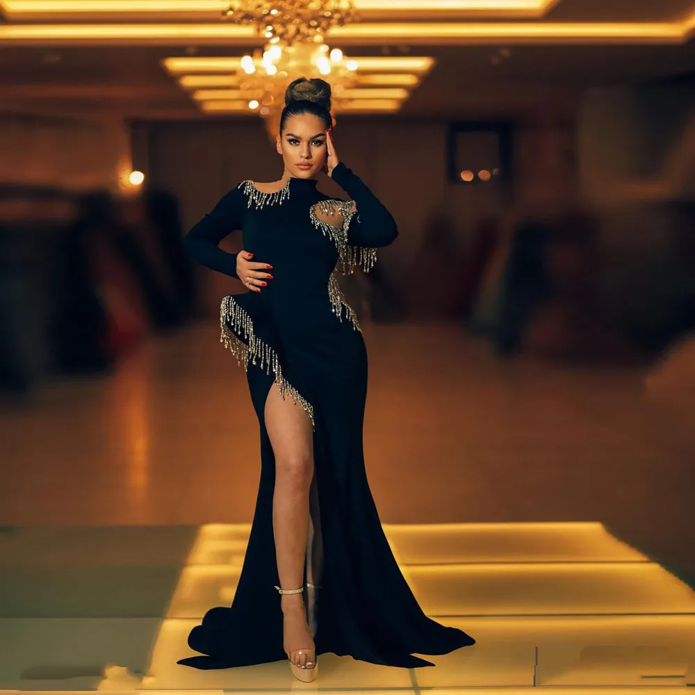 

Black Elegant Mermaid Prom Dresses Long Sleeves Tassel High Split Women Formal Evening Party Night Gowns Plus Size Custom Made