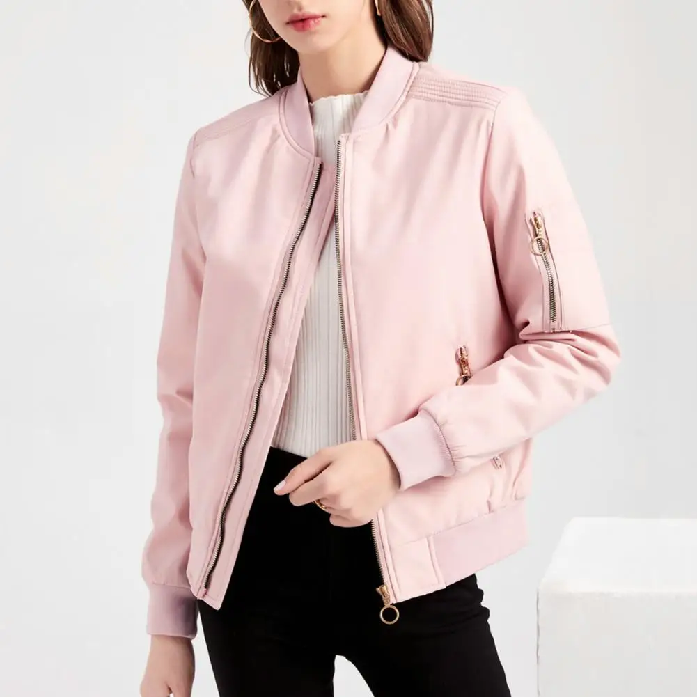 

Zipper Decor Sleeve Jacket Versatile Women's Stand Collar Zip-up Coat Soft Warm Stylish Jacket With Elastic Cuffs For Spring