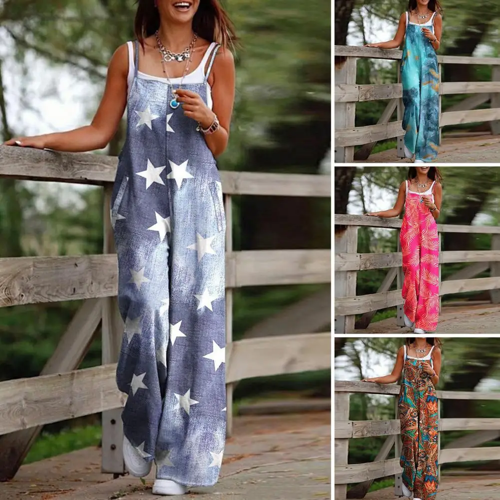 

Women Star Leaves Print Retro Pattern Romper Sling Square Collar Backless Pockets Wide Leg Overalls Loose Fit Jumpsuit