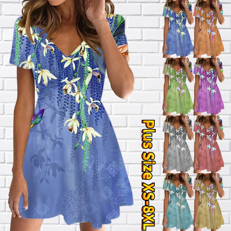 

Женское летнее облегающее платье с принтом, V-образным вырезом и коротким рукавом