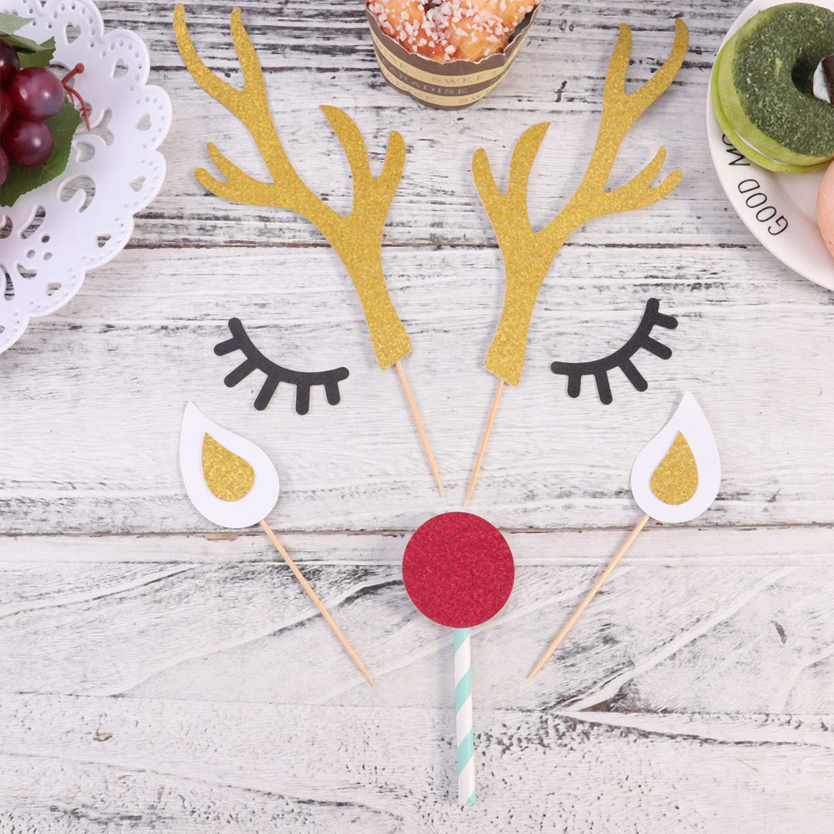

Christmas Cupcake Picks Topper Reindeer Deer Antler Pick Decorations Decoration Decor Glitter Elk Holiday Cartoon Dessert Sticks