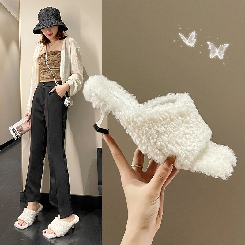 

2022 new stiletto high-heeled square-toed plush slippers for women's outer wear fashion medium-heel plush flip flops zapatos