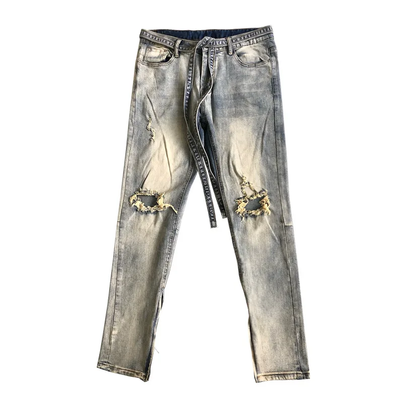 Hip-hop Zipper Jeans Casual Korean Retro Slim Knee Hole Streamer Jeans Wtreetwear Men Denim Pants Pantalones Vaqueros Hombre