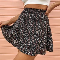 women high waist pleated umbrella mini skirts summer new floral print female invisible zipper chiffon elegant a line short skirt