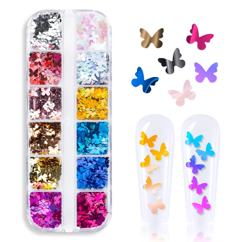

12 Grids 1 Box Holographic Nail Art Butterfly Glitter Flakes 3D Maple Leaves Sequins Nail Art Stickers Manicure Nails Sequin DIY