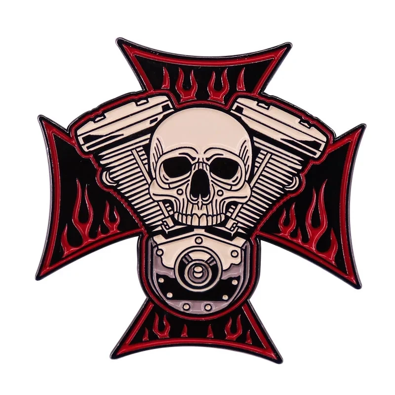 

Engine Block Skull Brooch Skull Iron Cross Enamel pin Motorcycle Biker Badge Jewelry Adorn Backpack Hat Collar Accessories