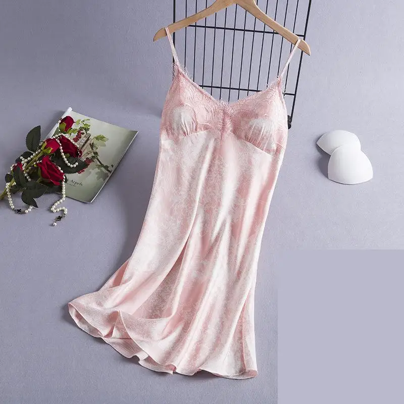 

Летняя женская ночная рубашка, одежда для сна с принтом, кружевная ночная одежда, сексуальная ночная рубашка на бретелях, шелковистая атласная Домашняя одежда, халат, одежда для отдыха