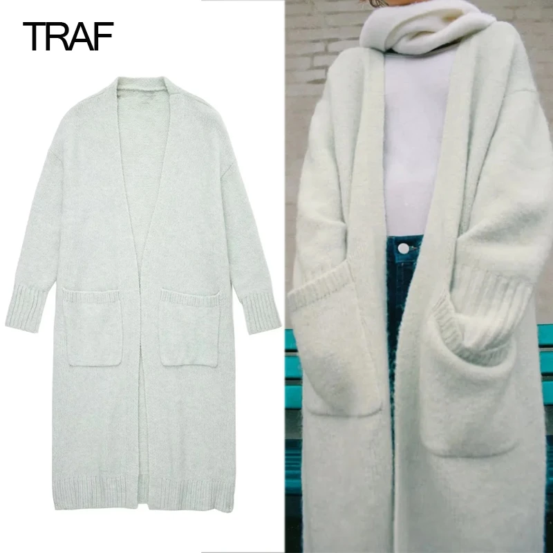 

Серый длинный вязаный кардиган TRAF, женские свитера с длинным рукавом для женщин, зимние открытые кардиганы 2022, Женский Осенний вязаный свит...