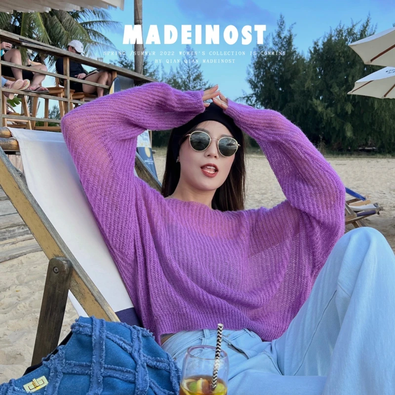 

Spring Summer Beach Style Loose Fit Thin Knitted Blouse Women Sexy Cute Hollow Out Oversized Pullovers Female Cheap Wholesale