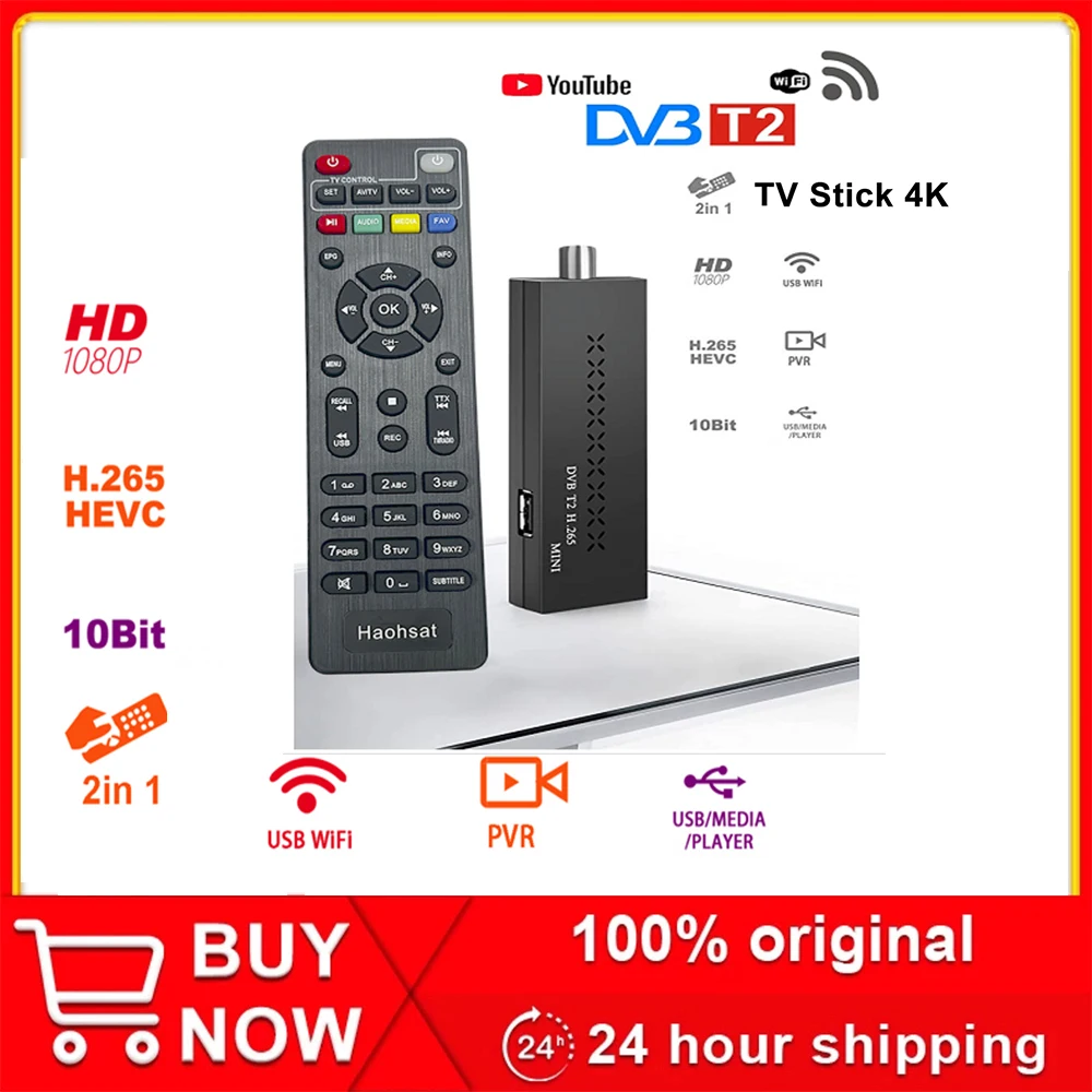 

Haohsat DVB T2MINI TV Stick 4K H.265 Dvb-t2 тюнер цифровой приемник USB тюнер приемник DVB T2 спутниковый декодер Youtube TV Stick