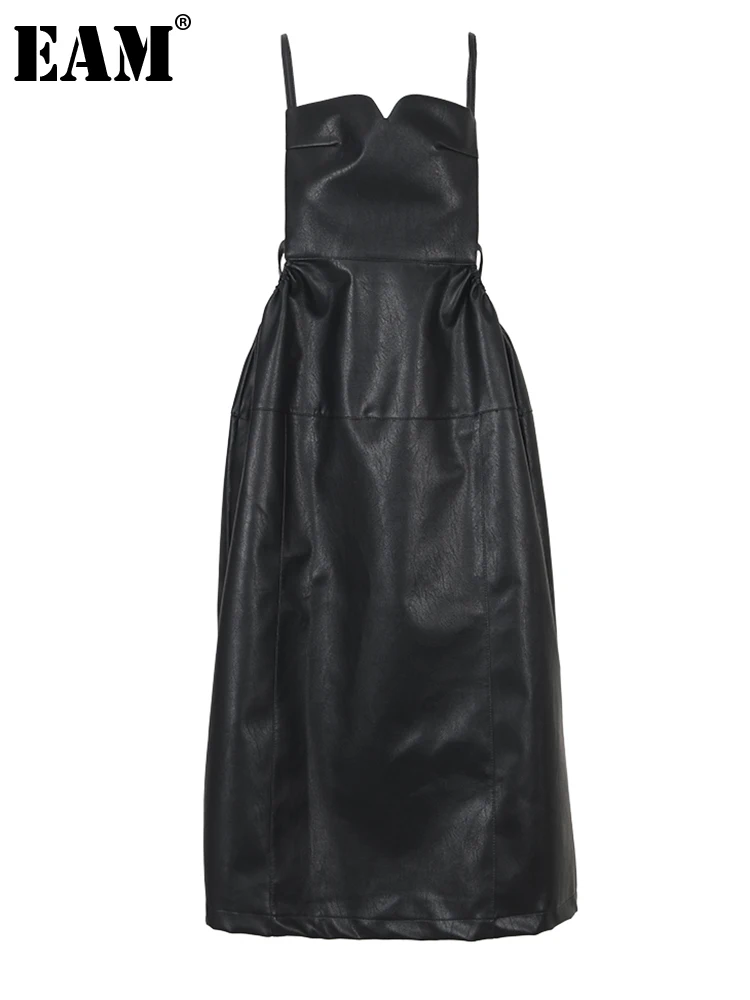 

[EAM] женское платье из искусственной кожи абрикосового цвета, большой размер, платье на тонких бретелях, новинка, квадратный воротник, свободный крой, весна-осень 2023, 1DF480401