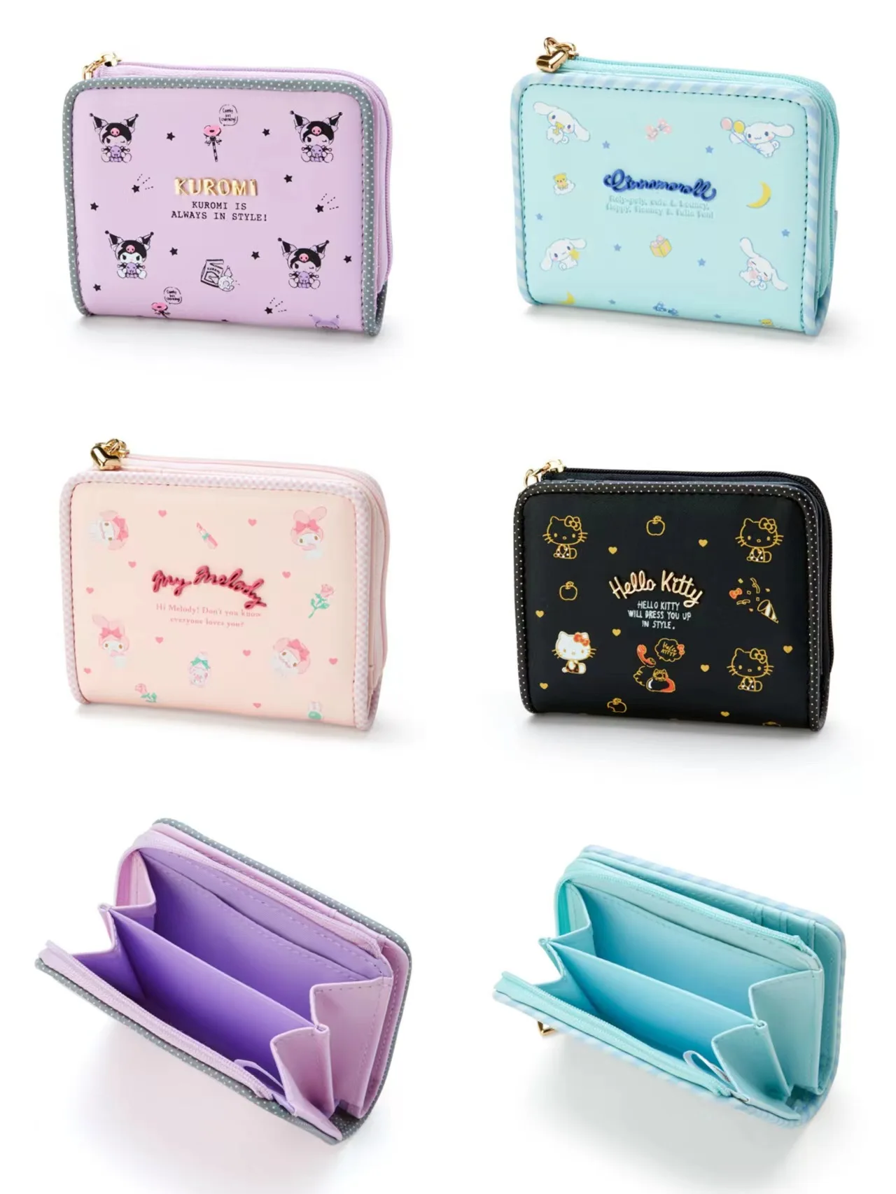 

Sanrio Cartoon Hello Kitty My Melody Kuromi Kawaii Pu Wallet Cute Zipper Folding Card Bag Female Purse Student Coin Purse